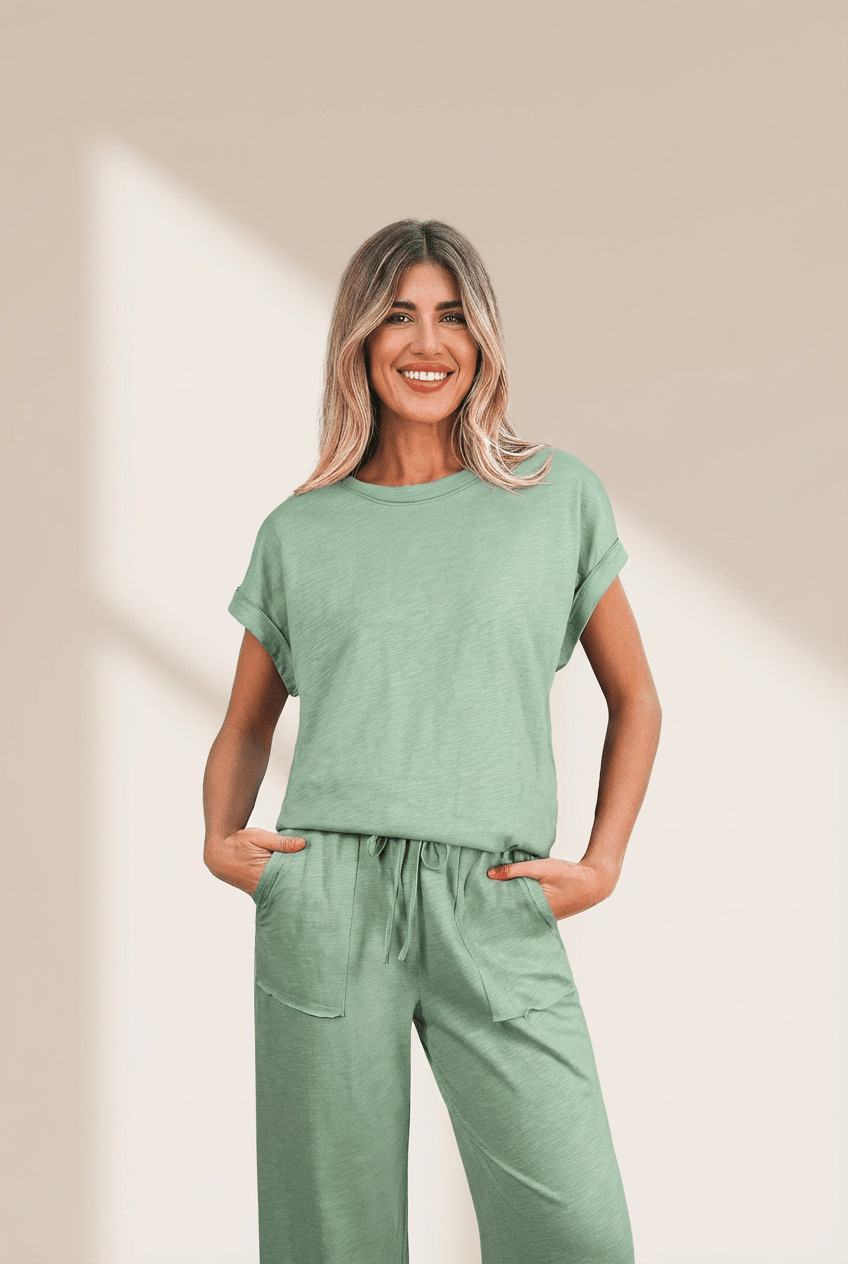 Women's Sage Green Cotton-Blend Cuffed Tee and Wide-Leg Pant Set