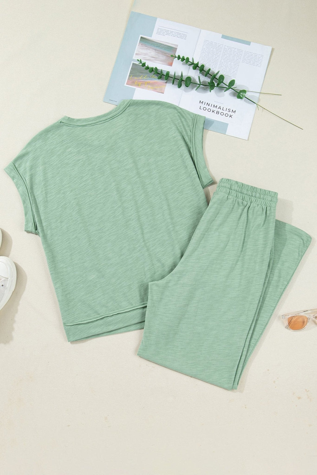 Women's Sage Green Cotton-Blend Cuffed Tee and Wide-Leg Pant Set