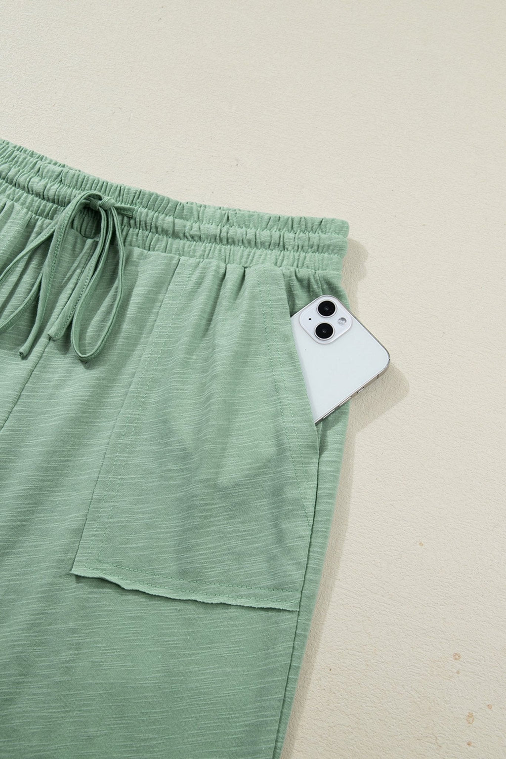 Women's Sage Green Cotton-Blend Cuffed Tee and Wide-Leg Pant Set