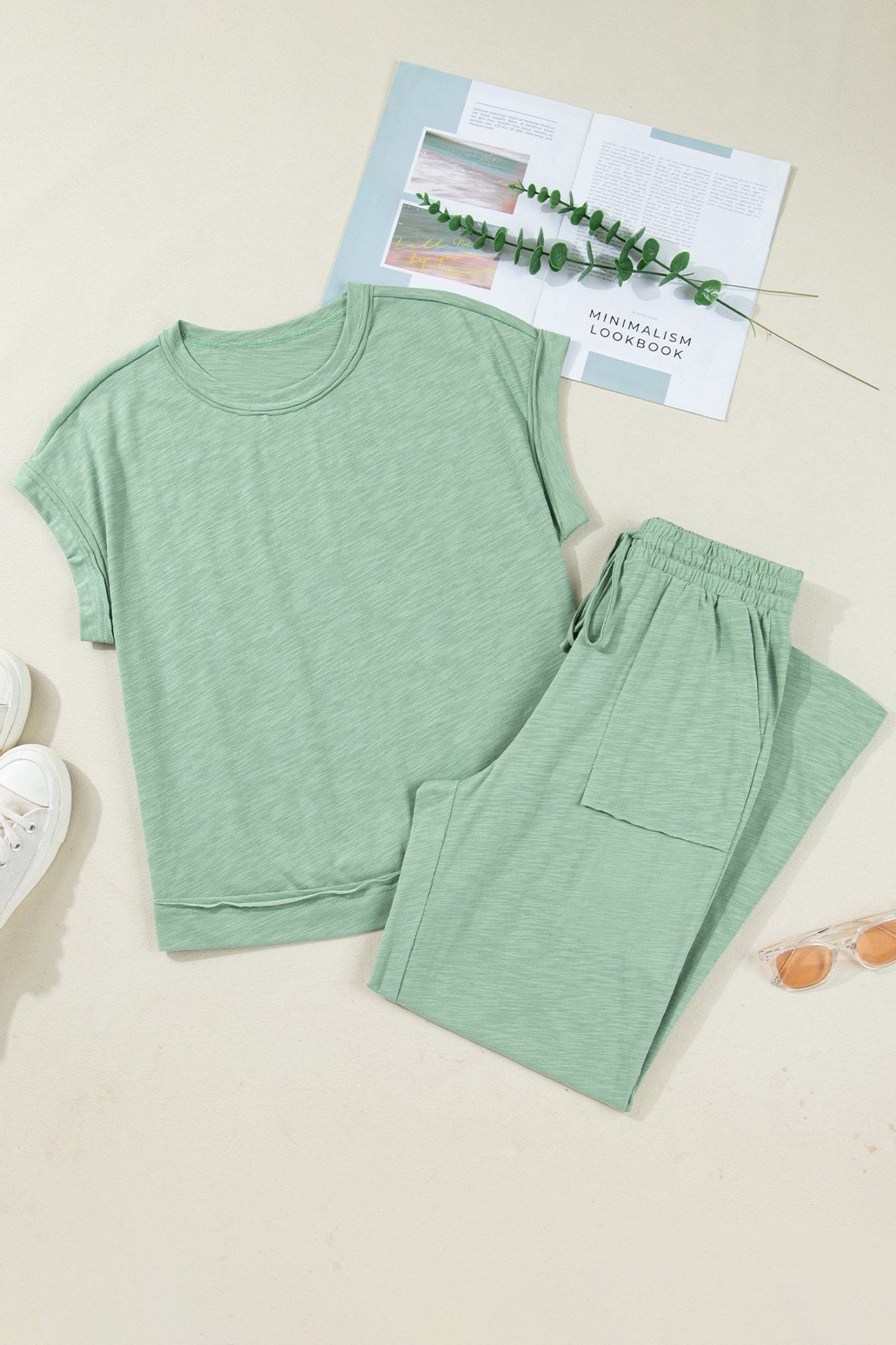 Women's Sage Green Cotton-Blend Cuffed Tee and Wide-Leg Pant Set