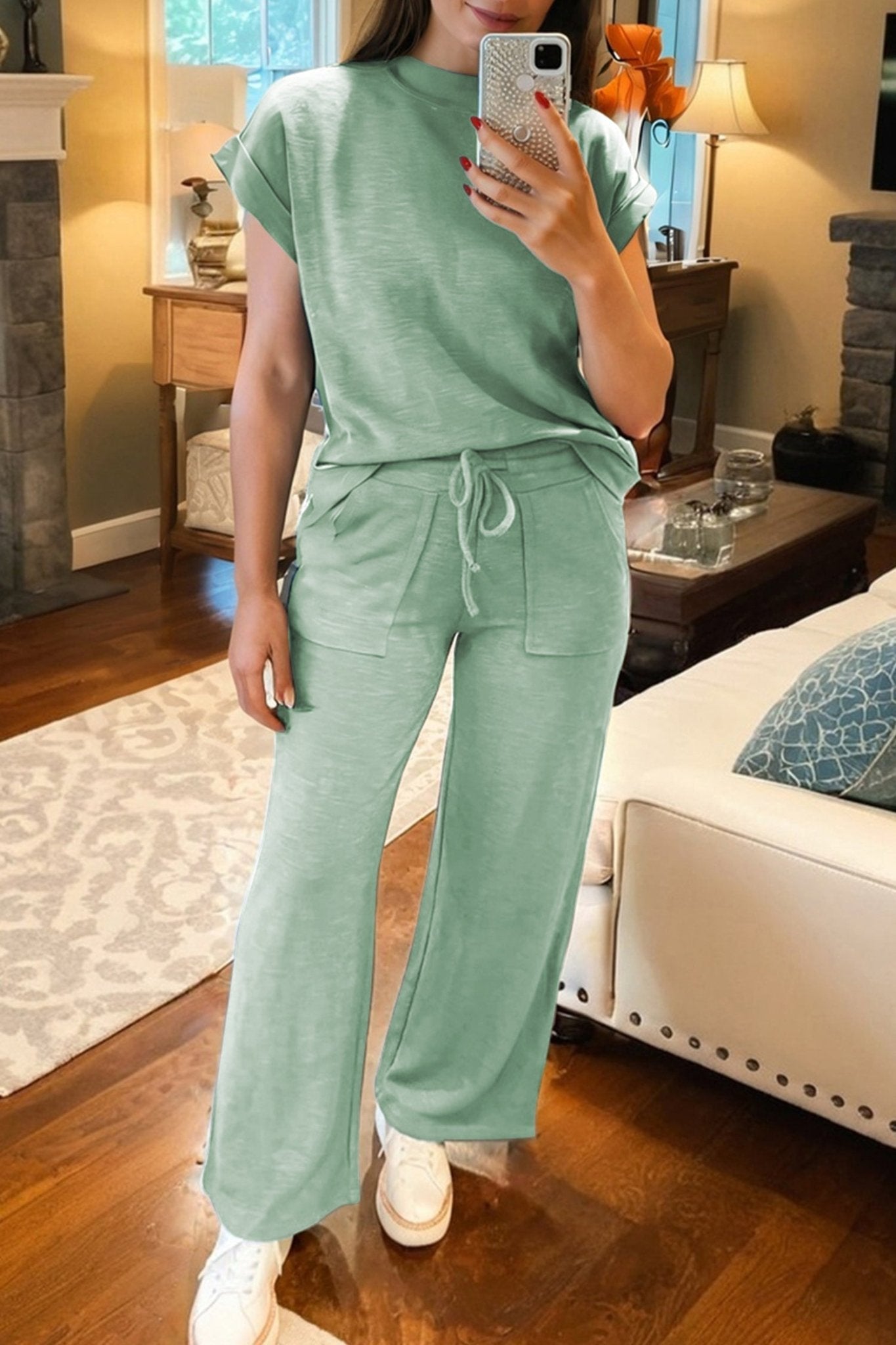 Women's Sage Green Cotton-Blend Cuffed Tee and Wide-Leg Pant Set