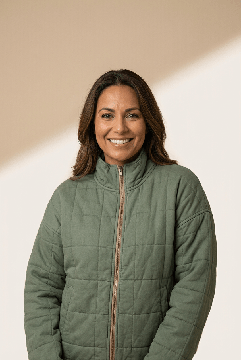Women's Sage Green Quilted Zip-Up Jacket with Mock Neck
