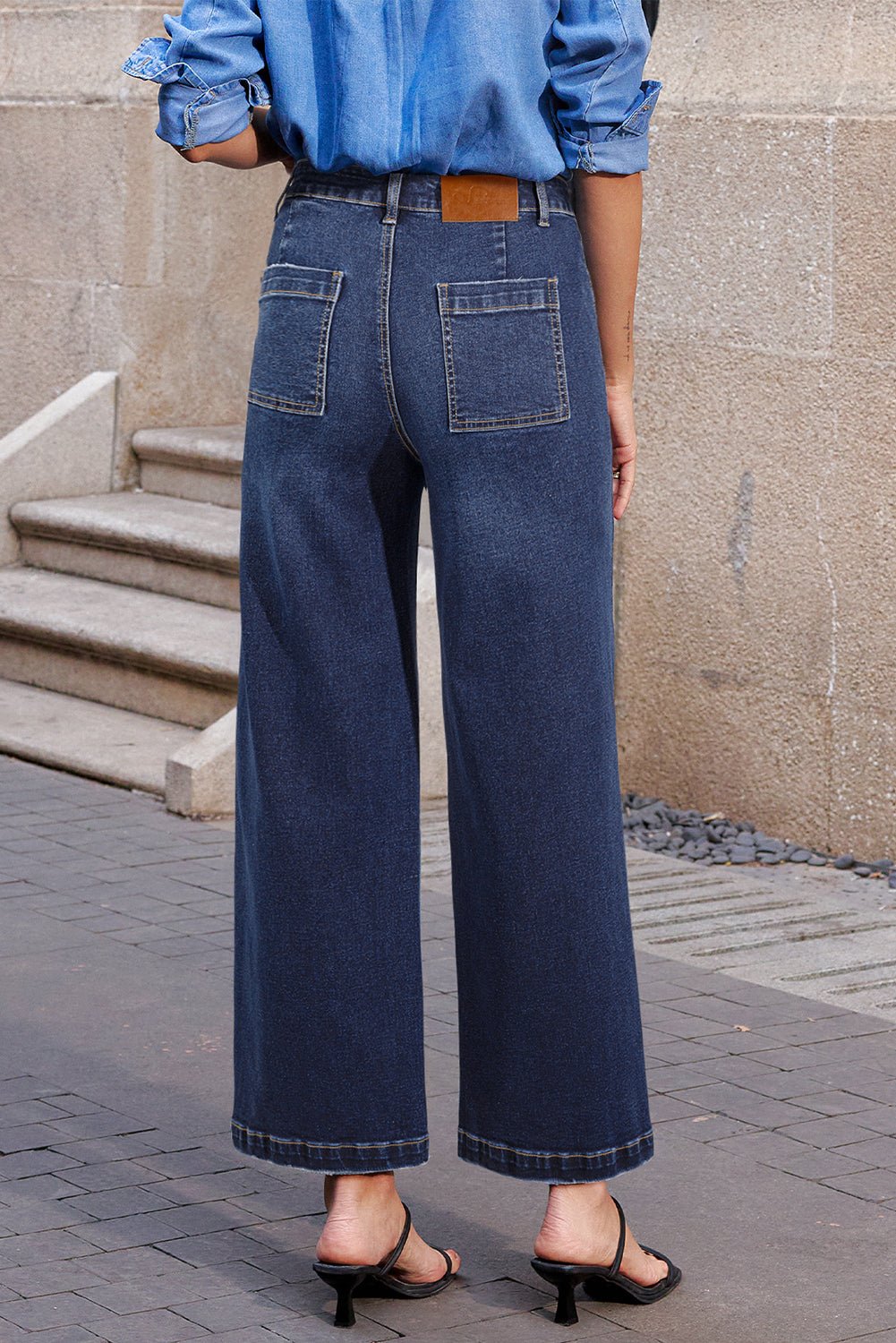 Women's Sail Blue High-Waisted Wide-Leg Jeans with Patch Pockets