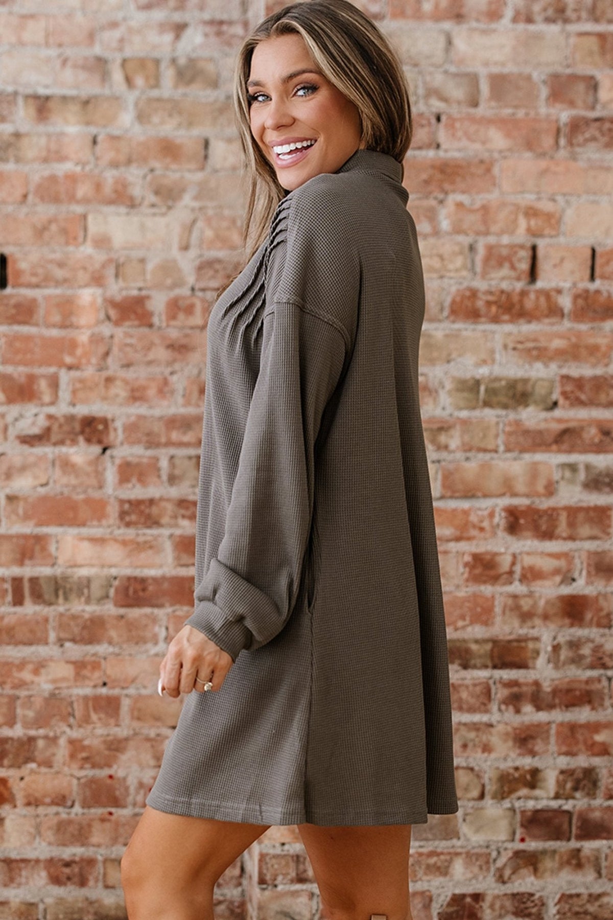Women's Simply Taupe Waffle Knit Tunic Shirt Dress with Pockets