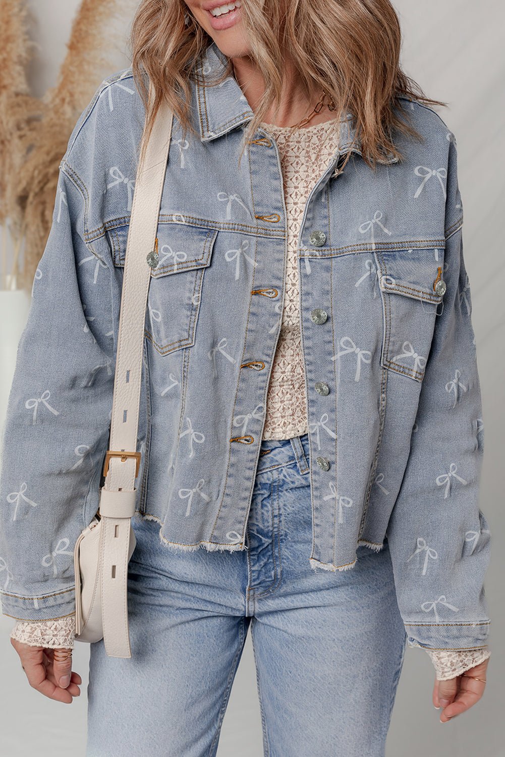Women's Sky Blue Bow Print Raw Hem Denim Jacket
