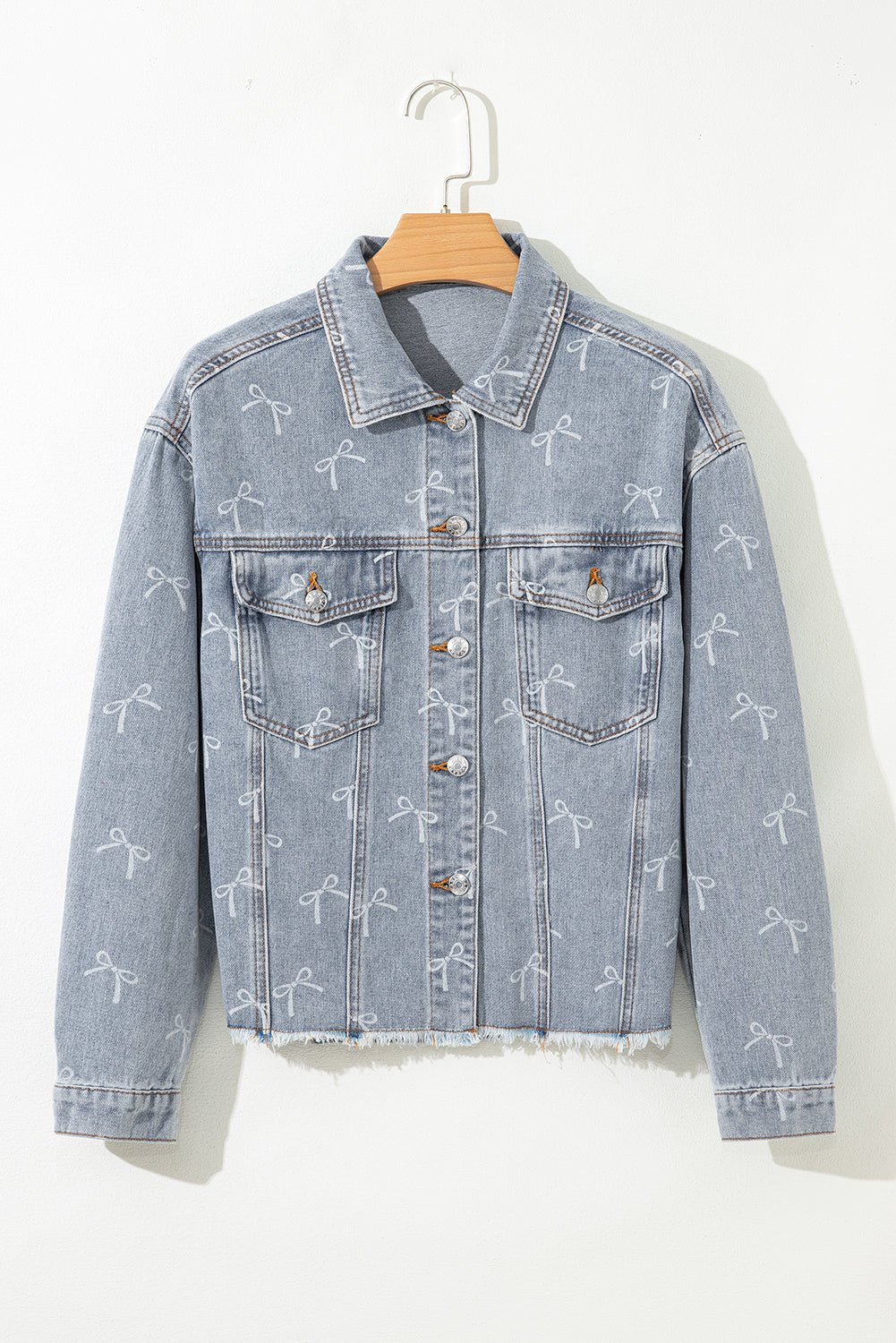 Women's Sky Blue Bow Print Raw Hem Denim Jacket