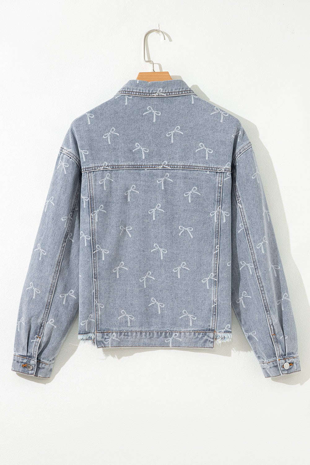 Women's Sky Blue Bow Print Raw Hem Denim Jacket