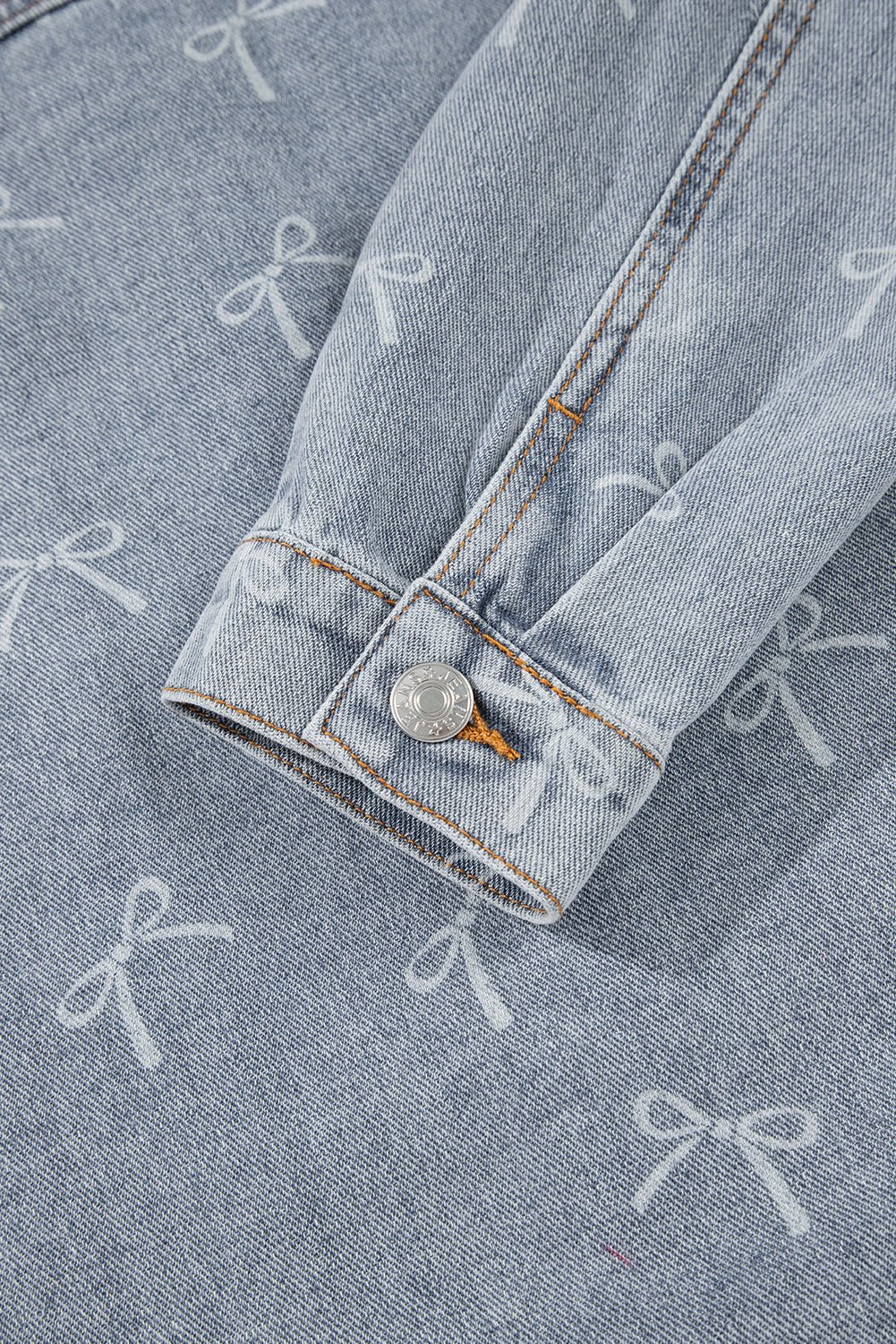 Women's Sky Blue Bow Print Raw Hem Denim Jacket