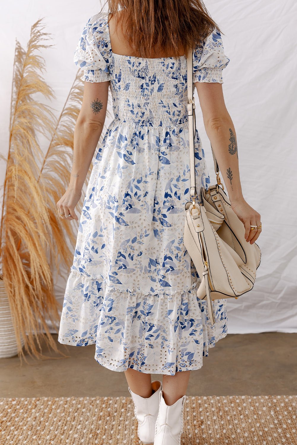 Women's Sky Blue Floral Smocked Viscose Midi Dress