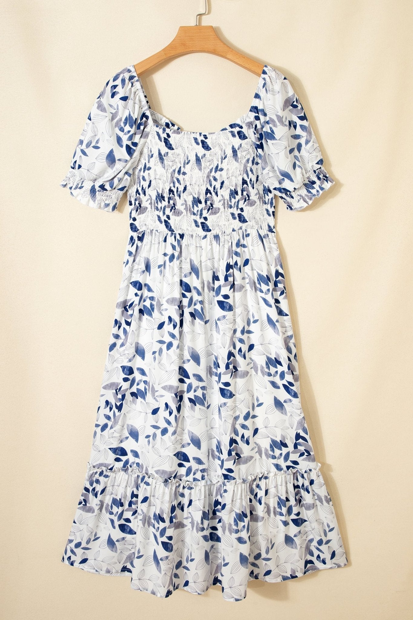 Women's Sky Blue Floral Smocked Viscose Midi Dress