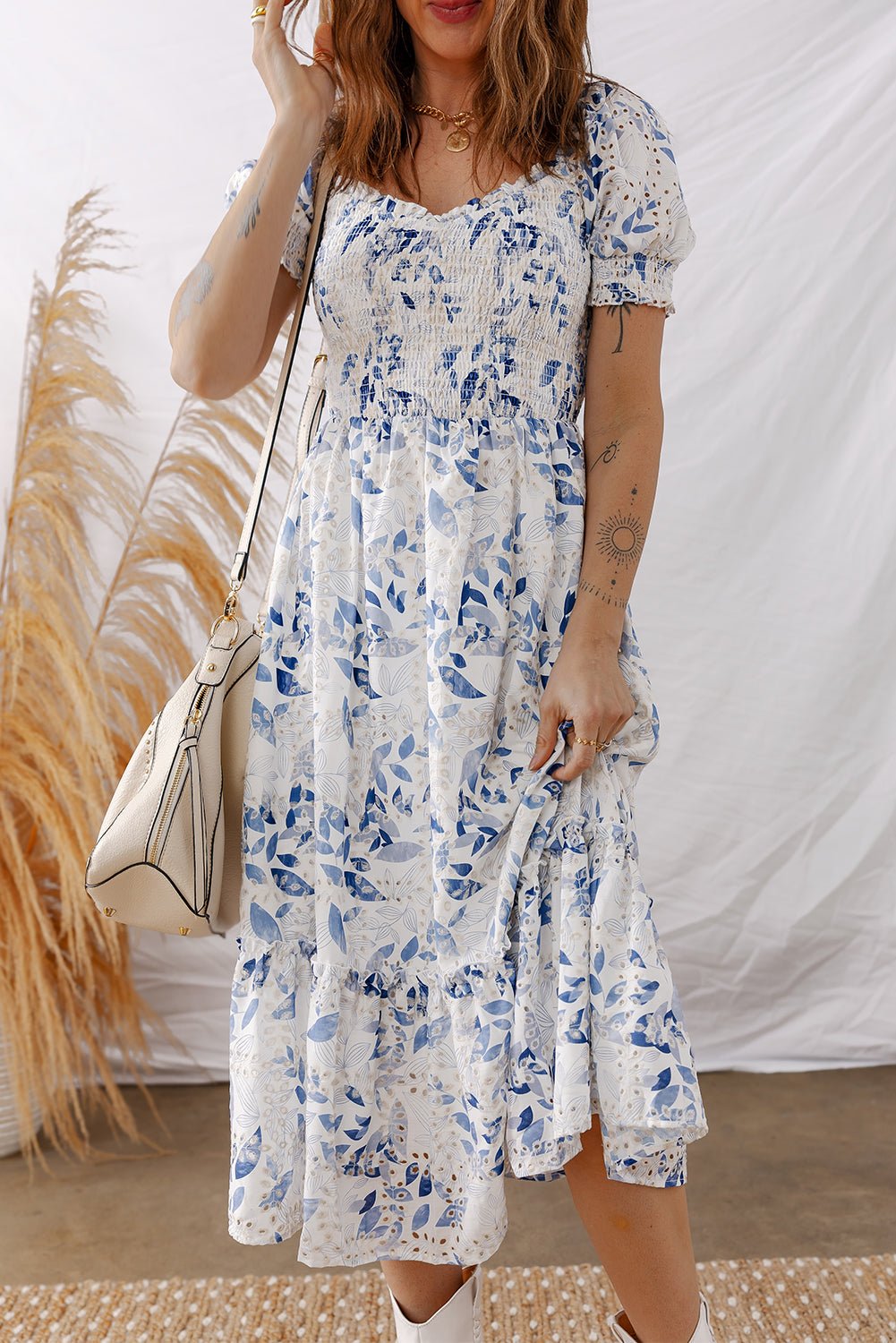 Women's Sky Blue Floral Smocked Viscose Midi Dress