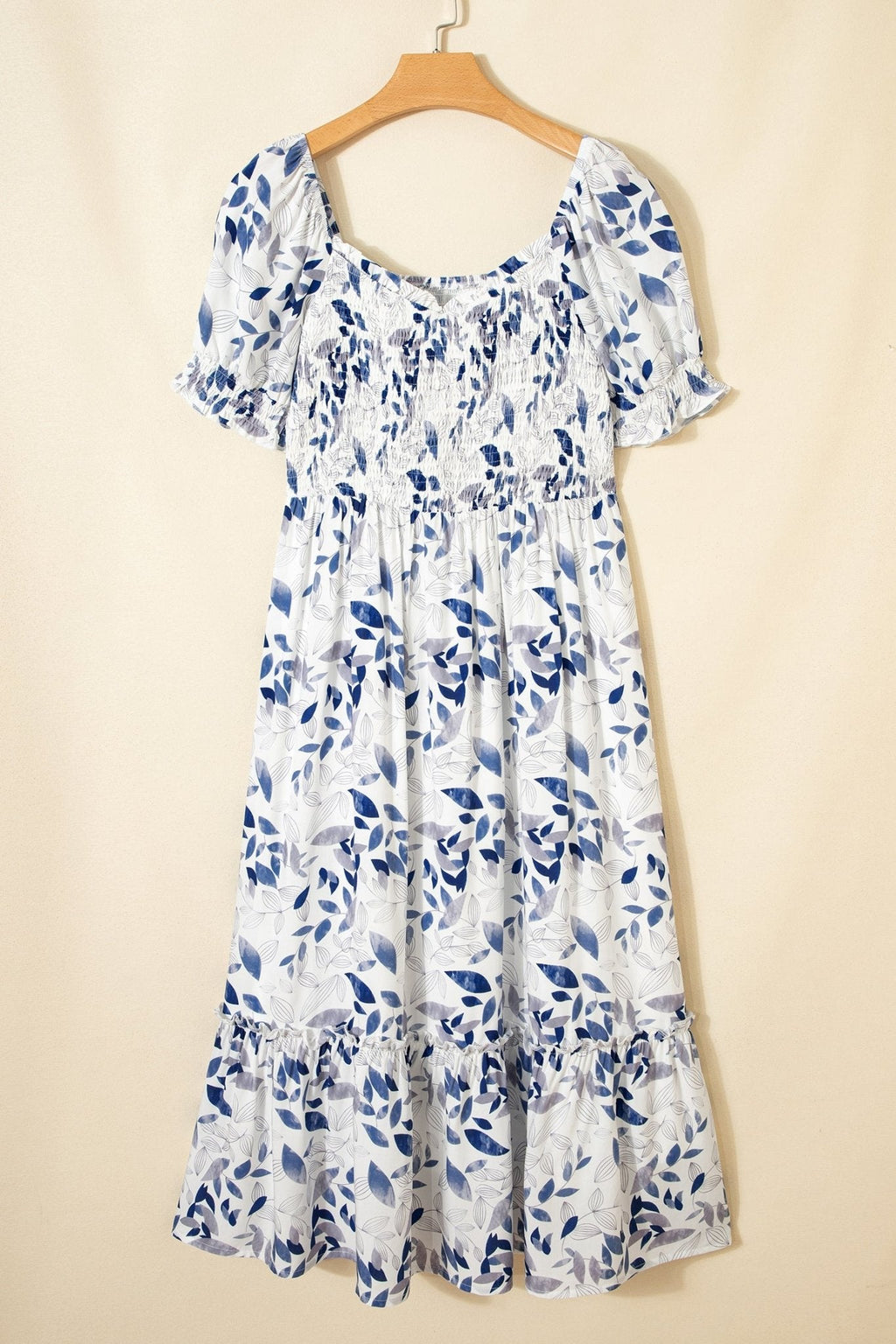 Women's Sky Blue Floral Smocked Viscose Midi Dress