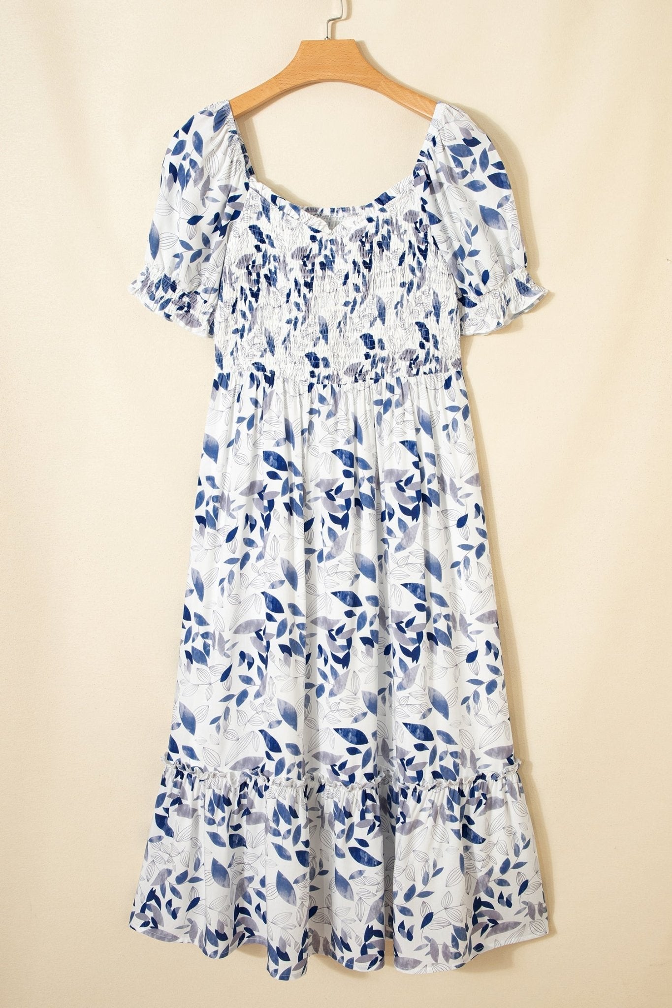 Women's Sky Blue Floral Smocked Viscose Midi Dress