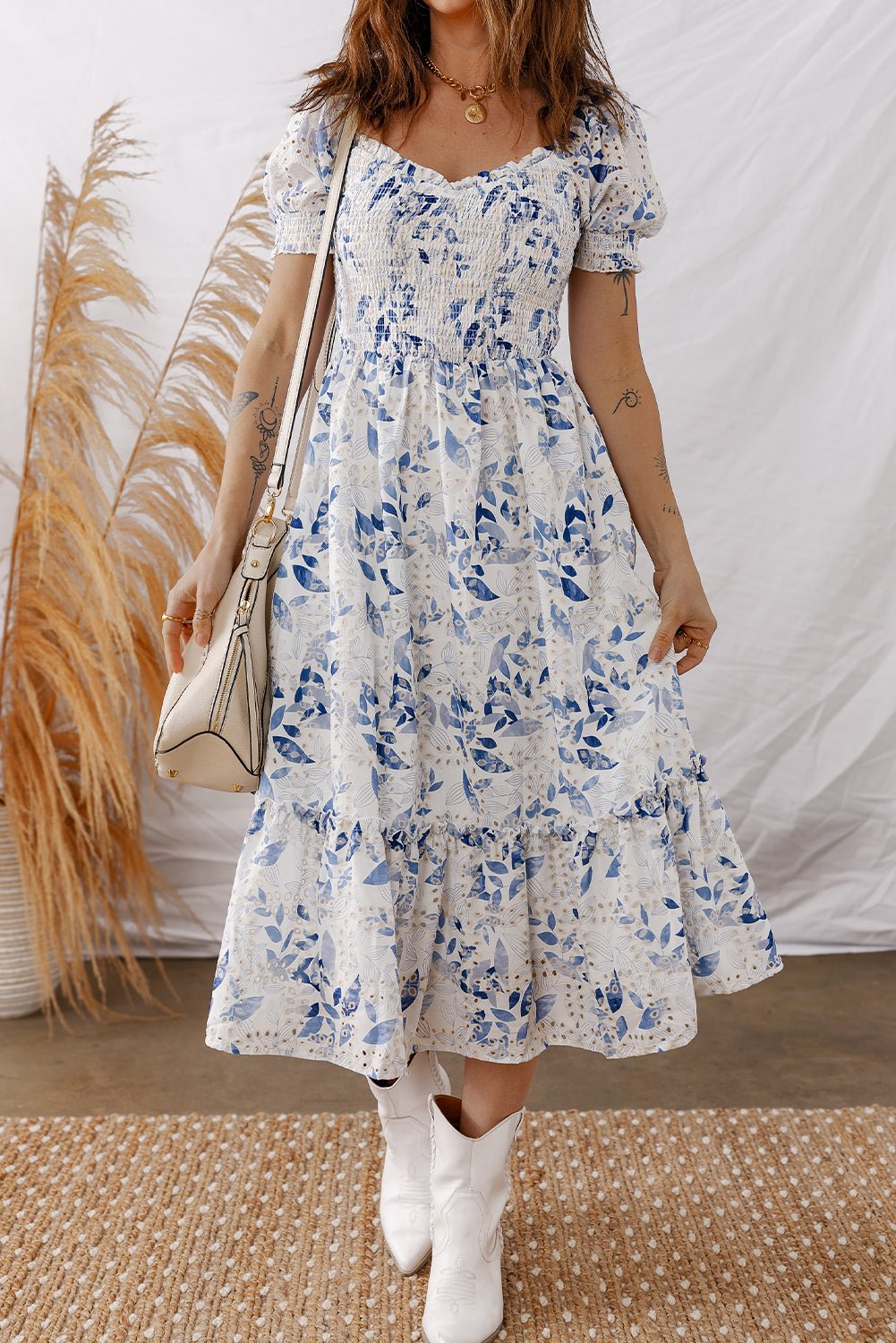 Women's Sky Blue Floral Smocked Viscose Midi Dress