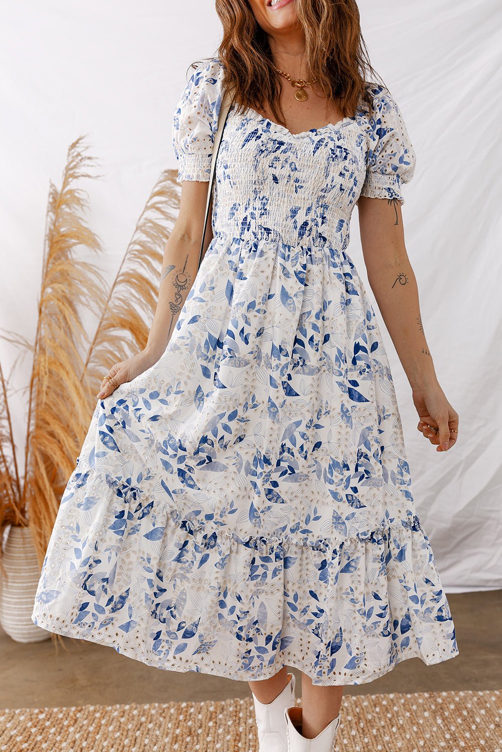 Women's Sky Blue Floral Smocked Viscose Midi Dress