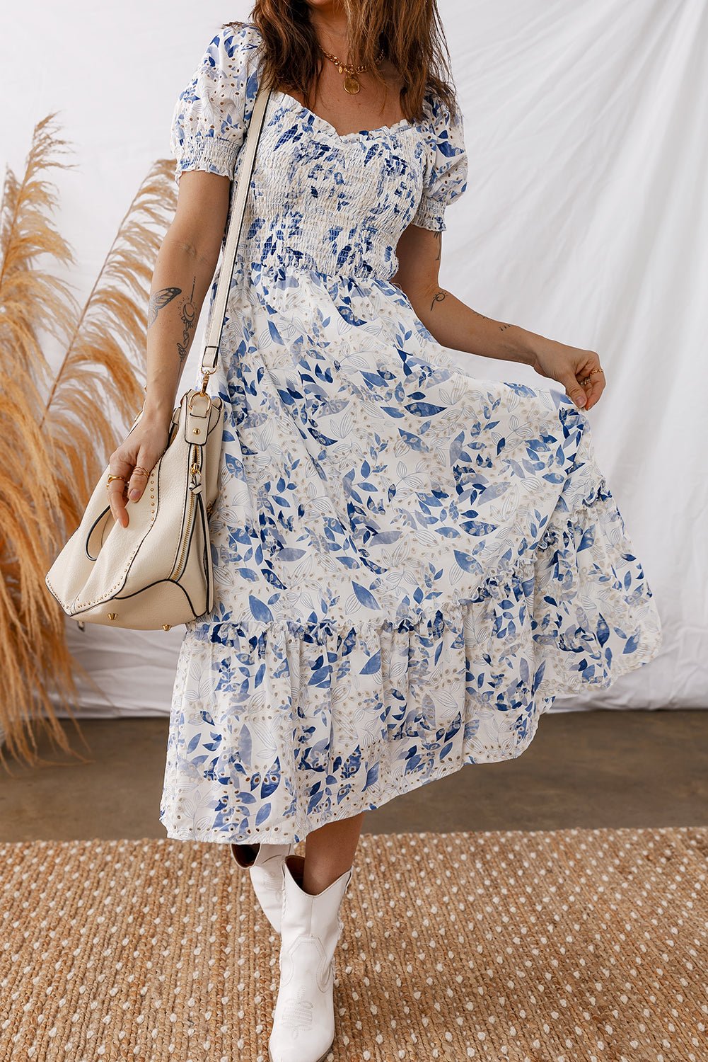 Women's Sky Blue Floral Smocked Viscose Midi Dress