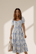Women's Sky Blue Floral Smocked Viscose Midi Dress