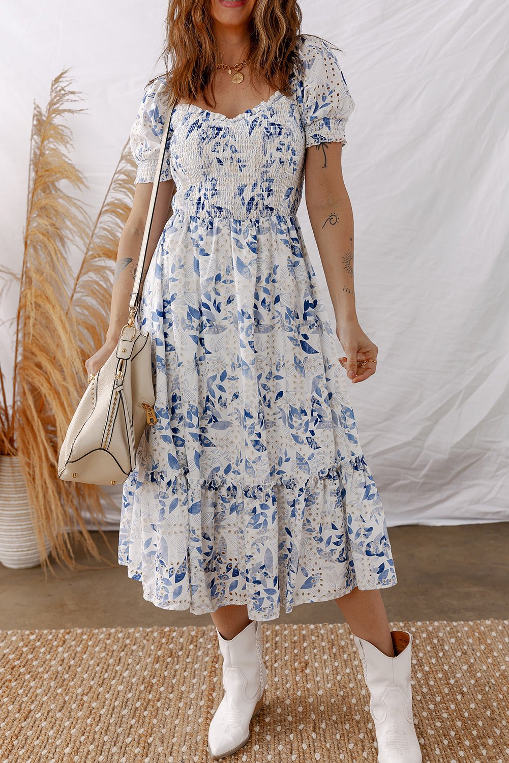 Women's Sky Blue Floral Smocked Viscose Midi Dress