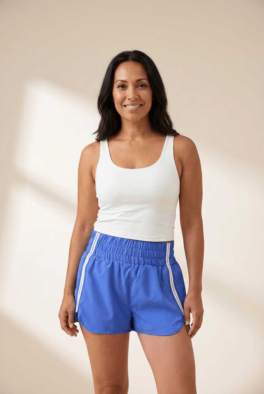 Women's Sky Blue High-Waisted Athleisure Shorts with Varsity Stripes