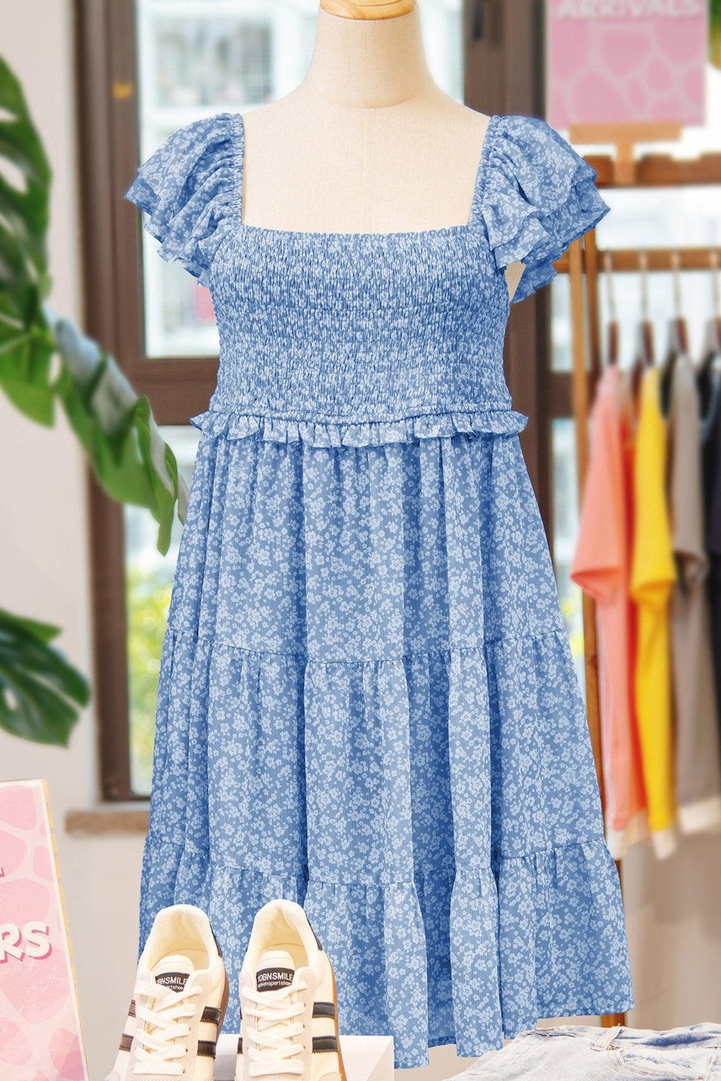 Women's Sky Blue Smocked Floral Mini Dress with Flutter Sleeves