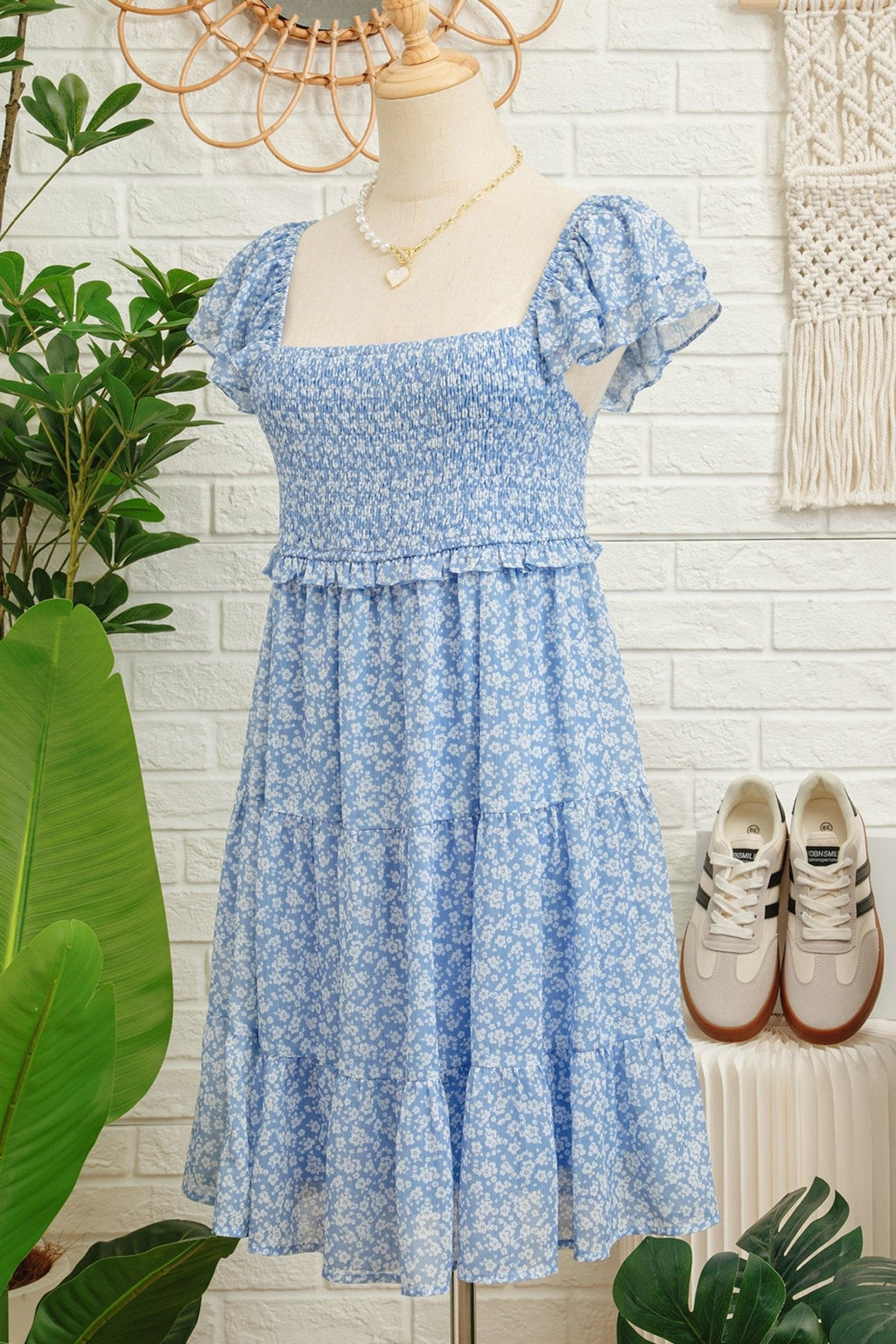 Women's Sky Blue Smocked Floral Mini Dress with Flutter Sleeves