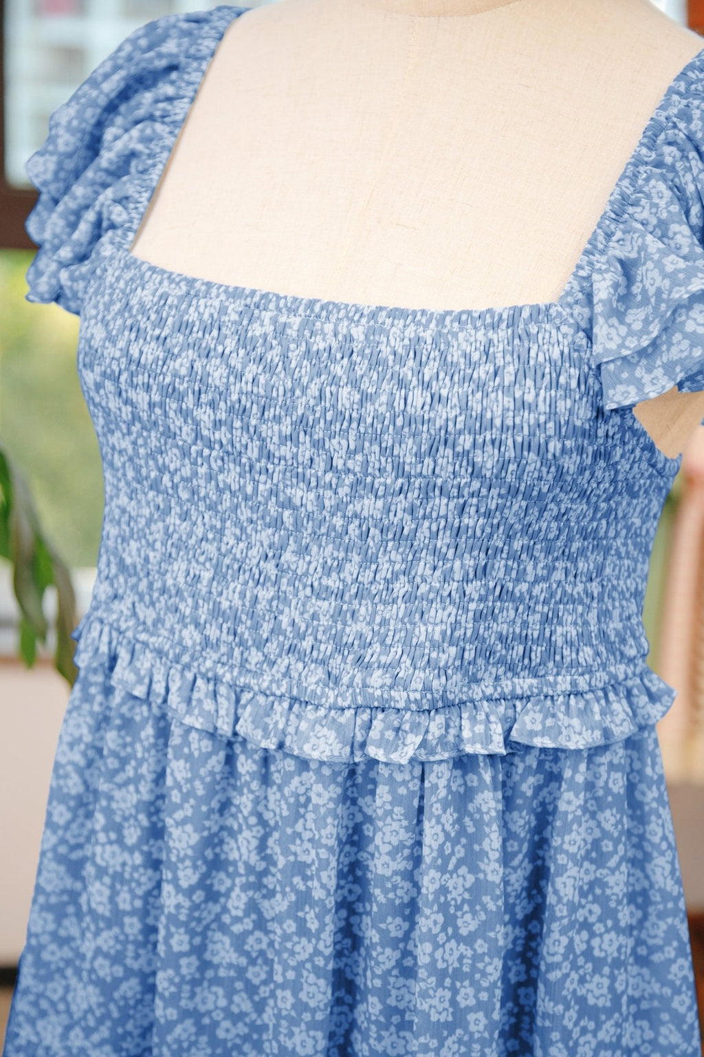Women's Sky Blue Smocked Floral Mini Dress with Flutter Sleeves