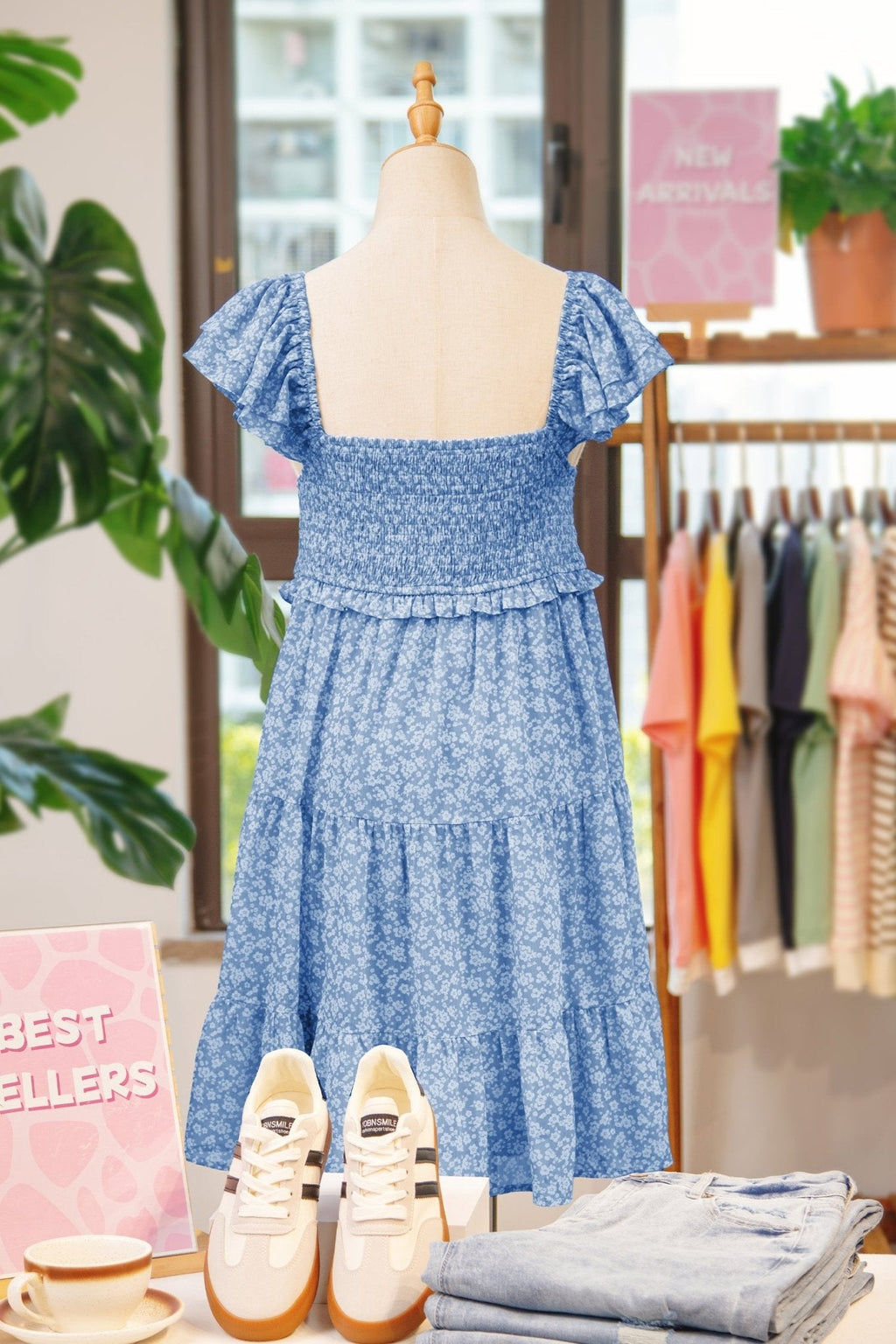 Women's Sky Blue Smocked Floral Mini Dress with Flutter Sleeves