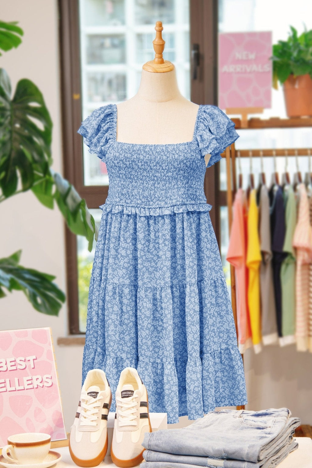 Women's Sky Blue Smocked Floral Mini Dress with Flutter Sleeves