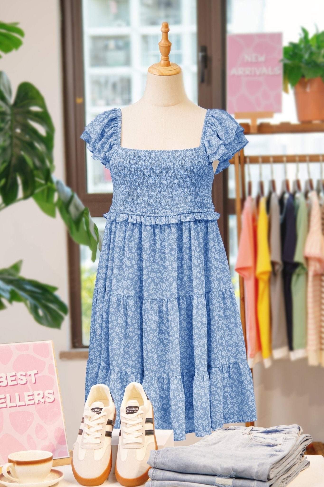 Women's Sky Blue Smocked Floral Mini Dress with Flutter Sleeves