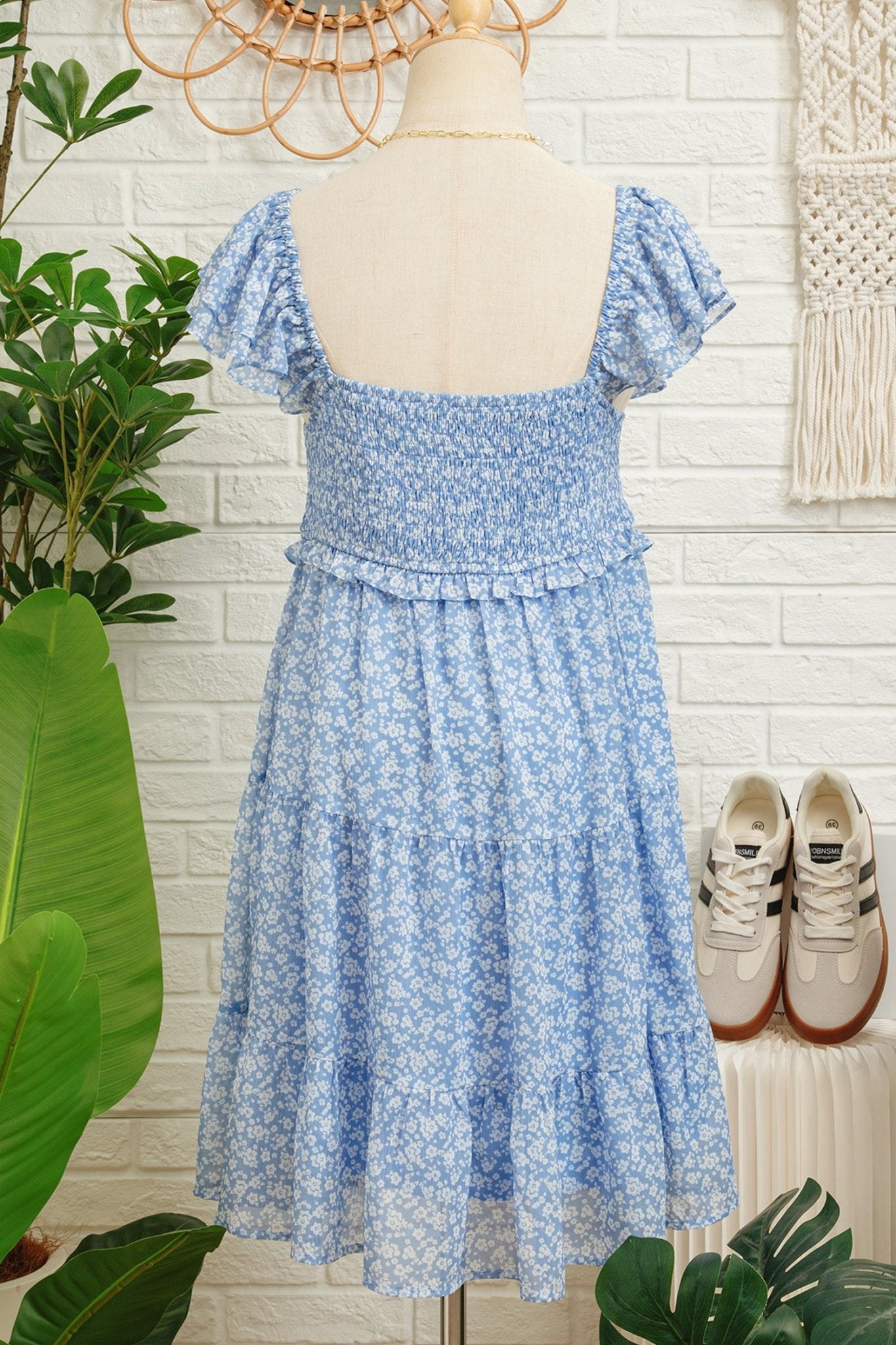 Women's Sky Blue Smocked Floral Mini Dress with Flutter Sleeves