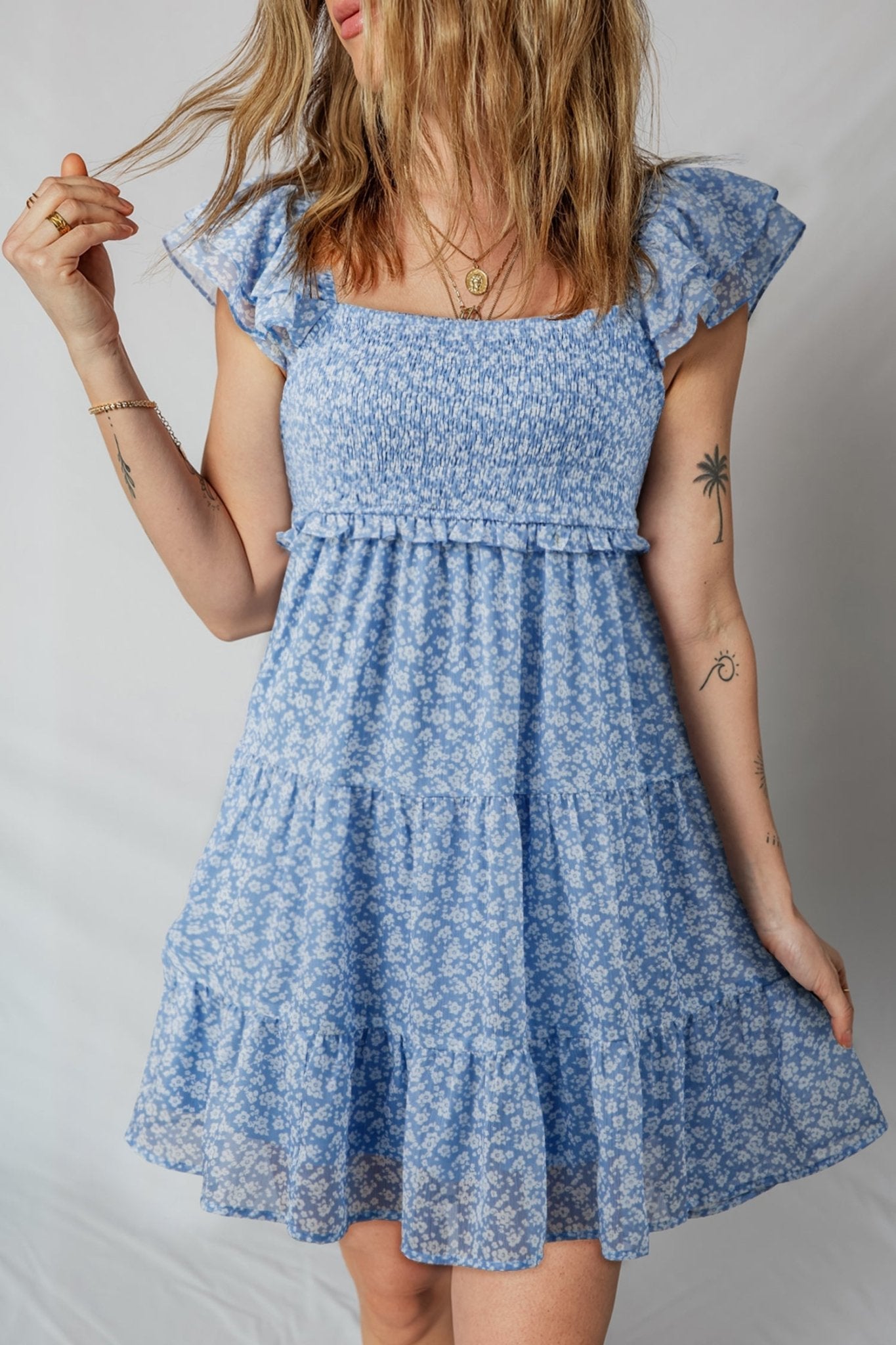 Women's Sky Blue Smocked Floral Mini Dress with Flutter Sleeves