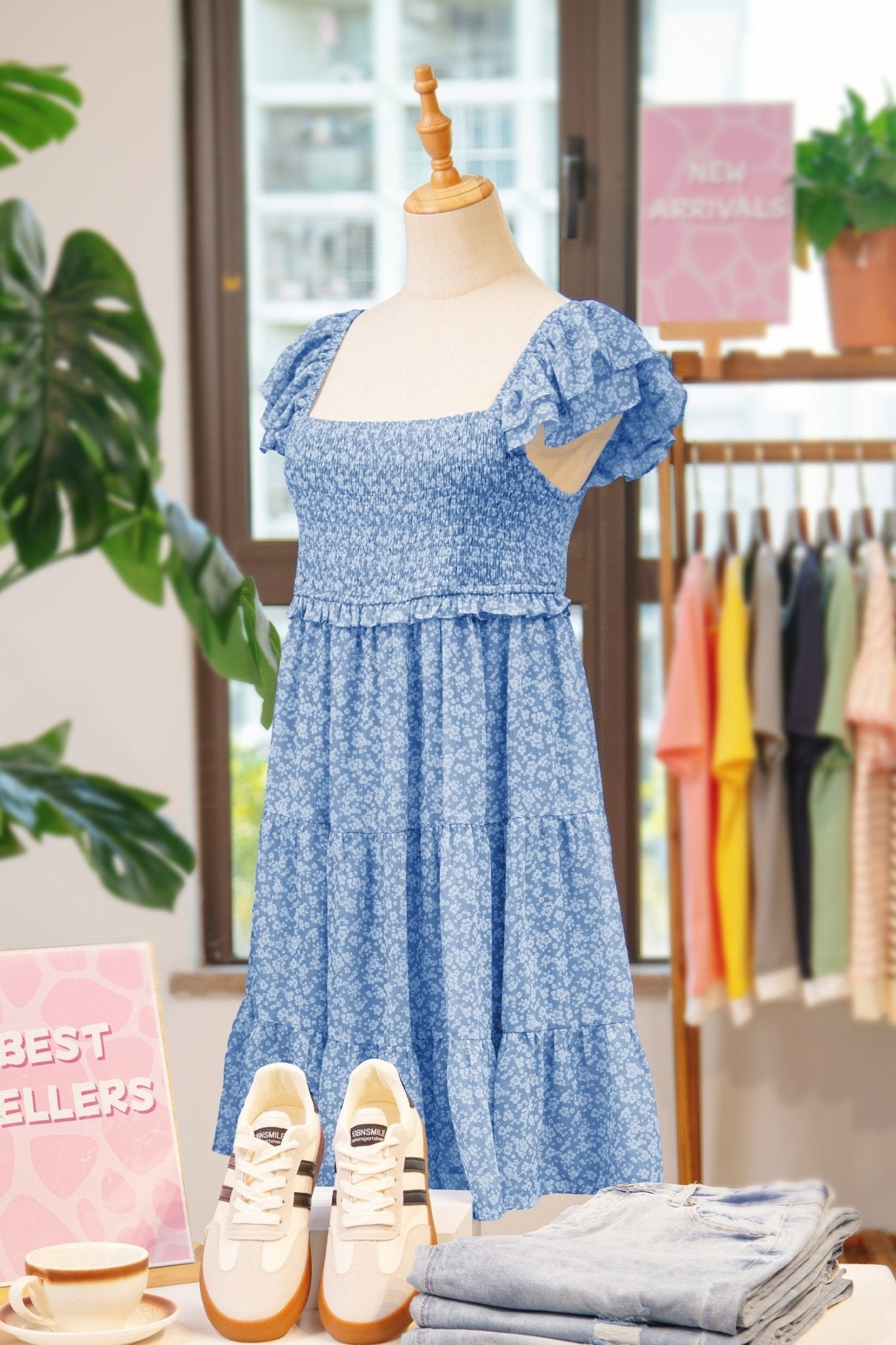 Women's Sky Blue Smocked Floral Mini Dress with Flutter Sleeves