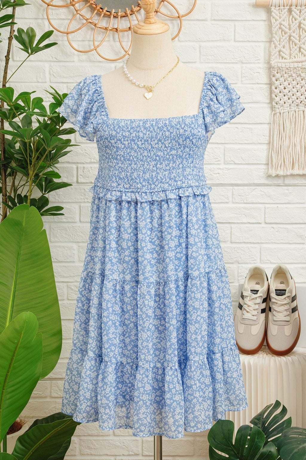 Women's Sky Blue Smocked Floral Mini Dress with Flutter Sleeves