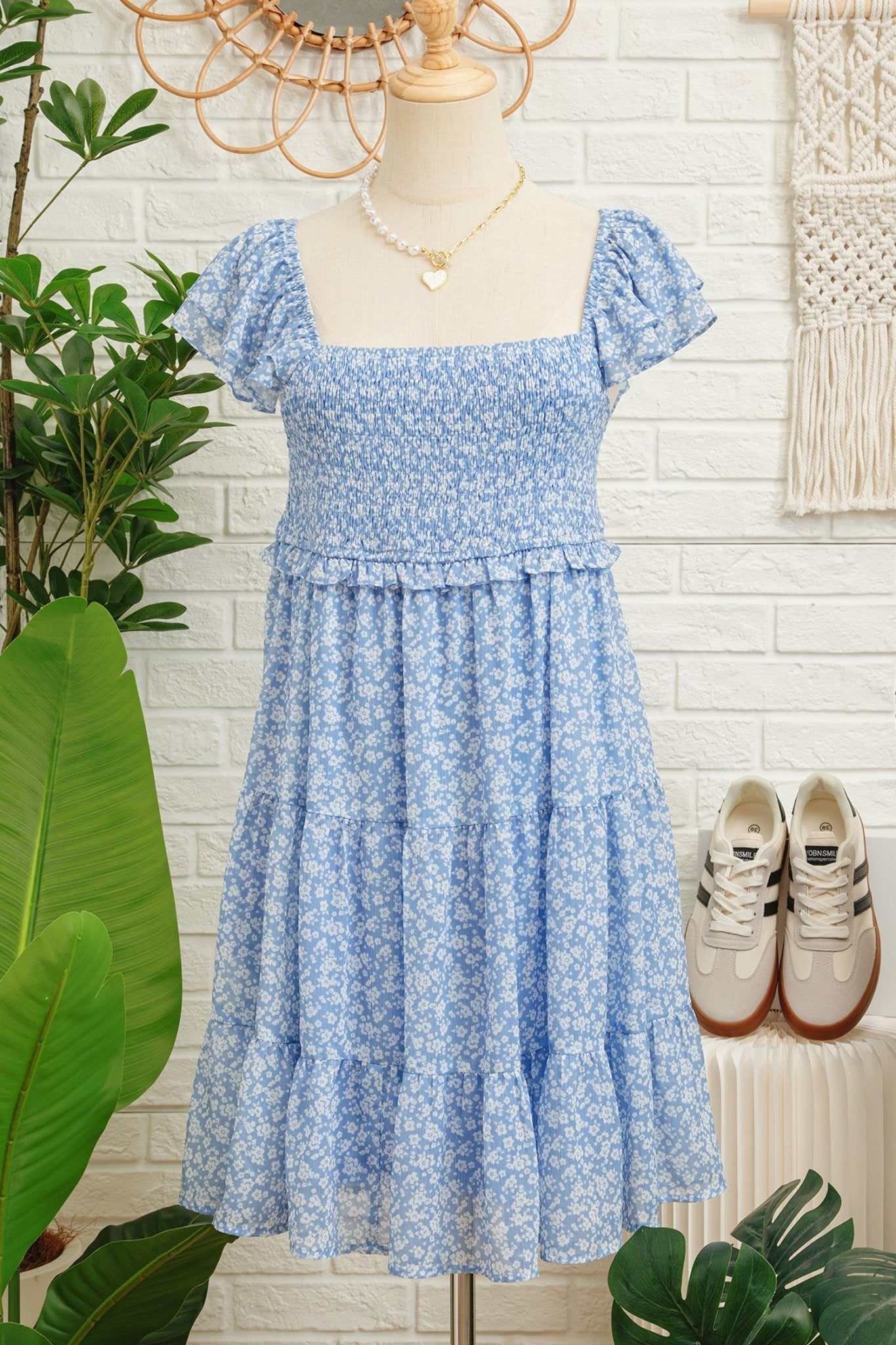 Women's Sky Blue Smocked Floral Mini Dress with Flutter Sleeves