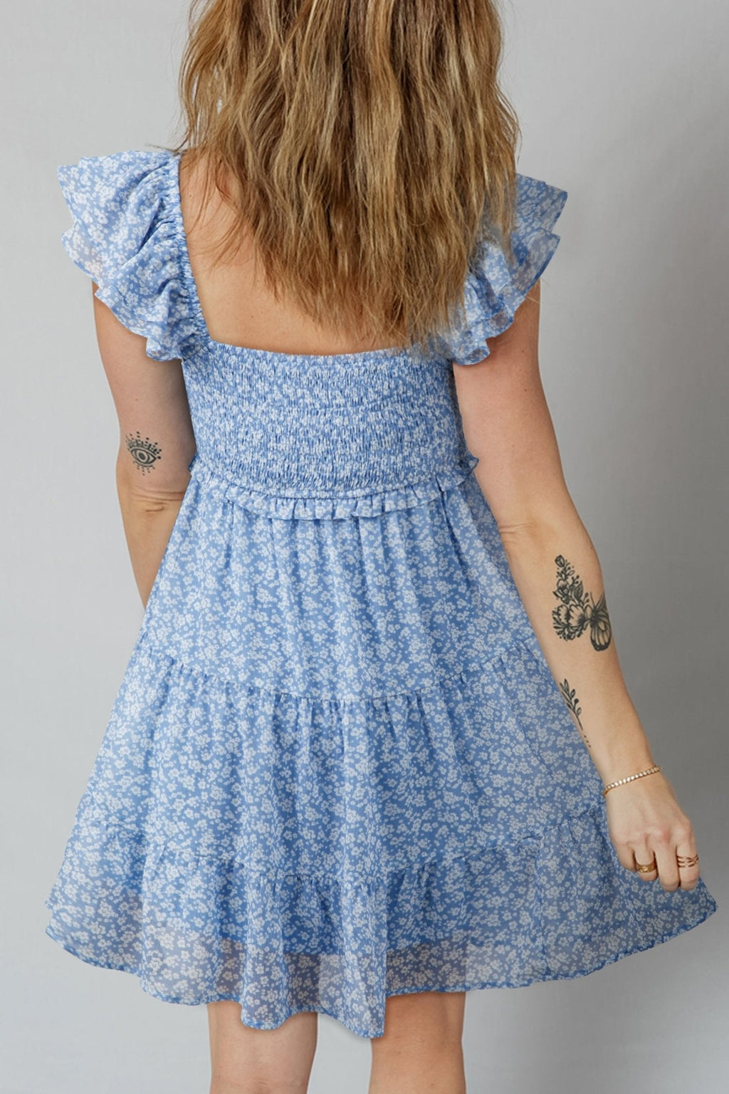 Women's Sky Blue Smocked Floral Mini Dress with Flutter Sleeves