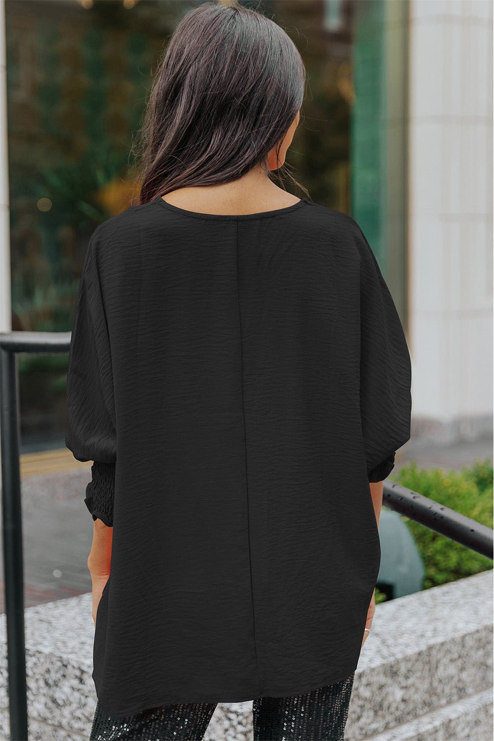 Women's Smocked Cuff Shift Blouse in Midnight Black