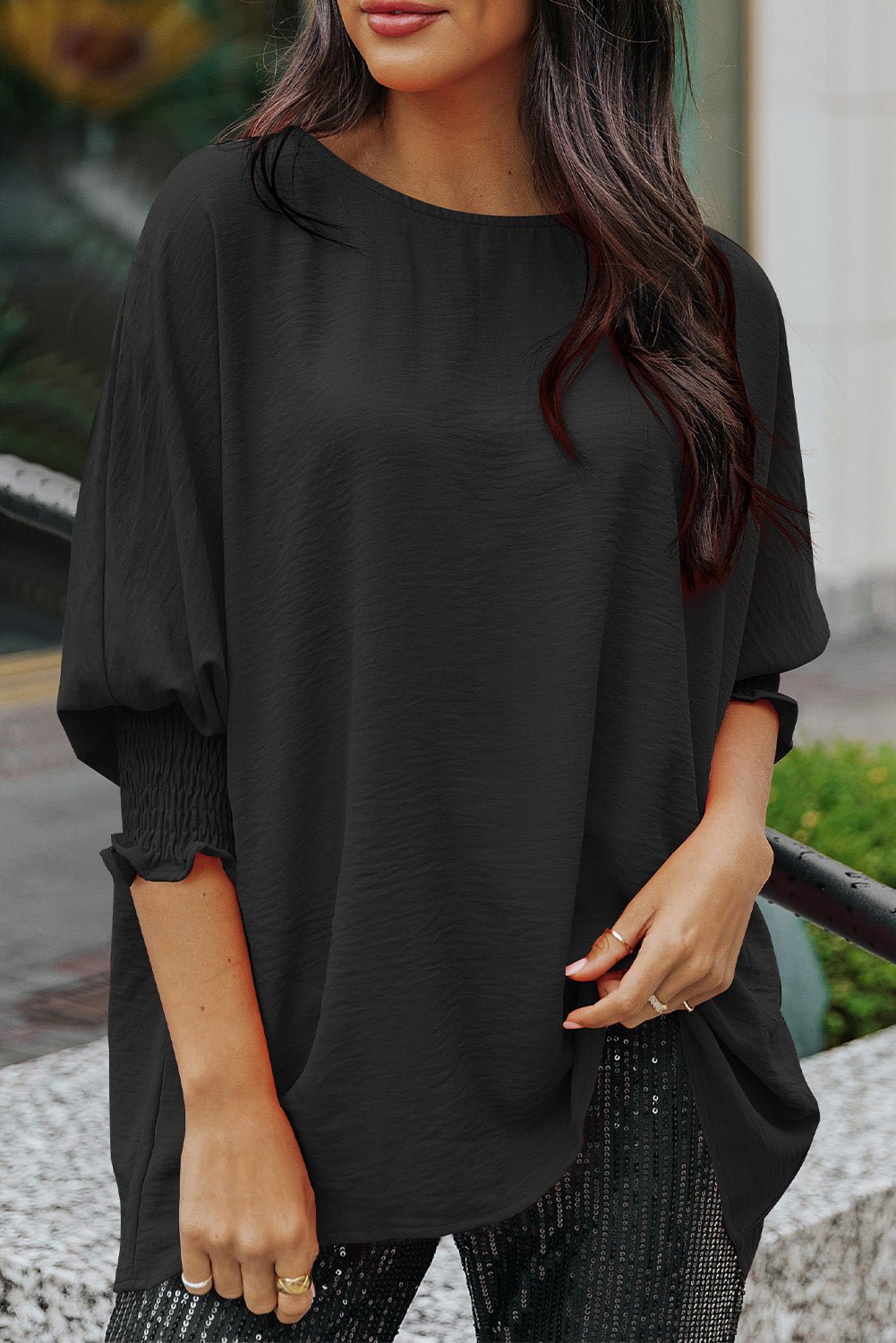 Women's Smocked Cuff Shift Blouse in Midnight Black