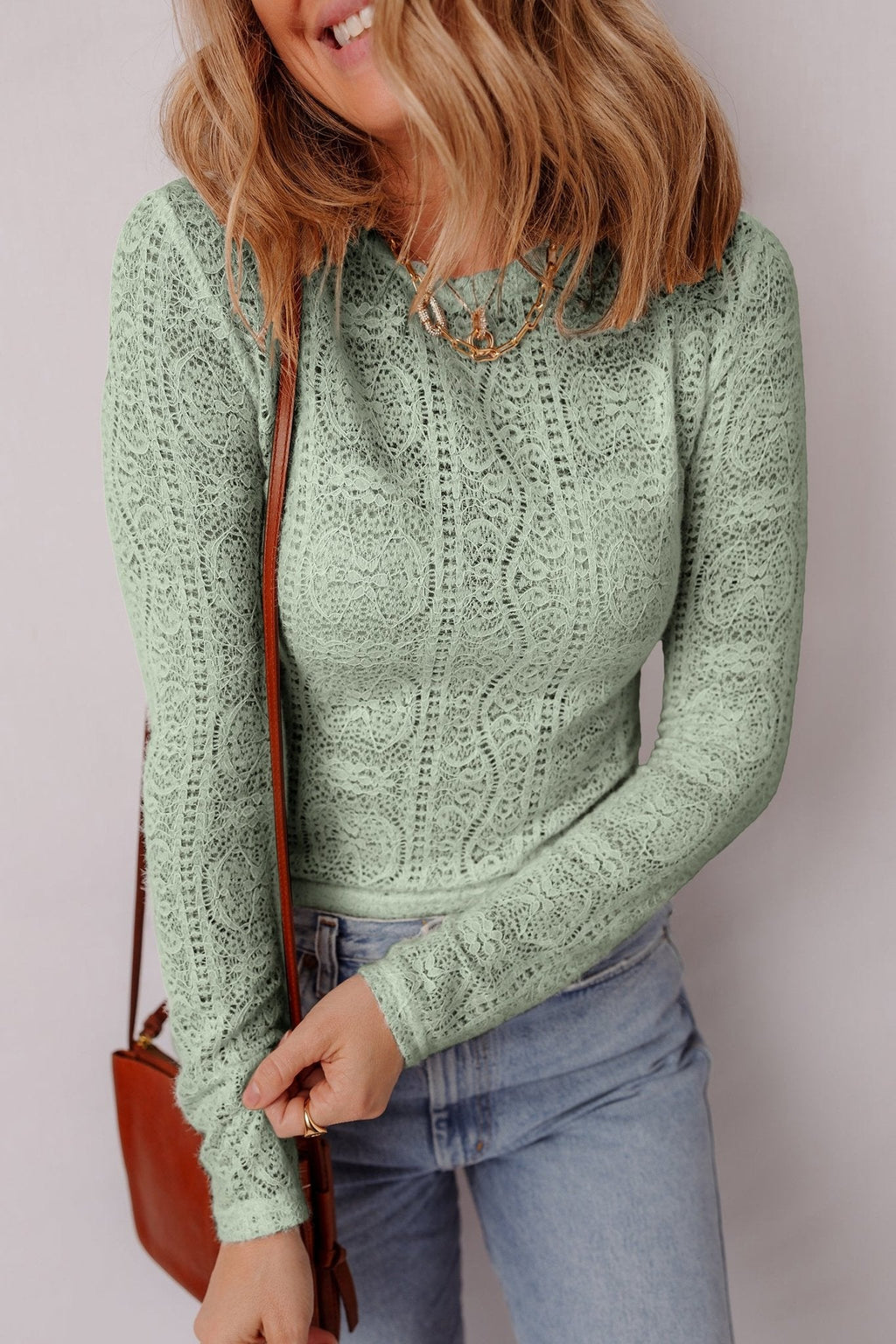 Women's Smoke Green Semi-Sheer Lace Long Sleeve Cropped Top