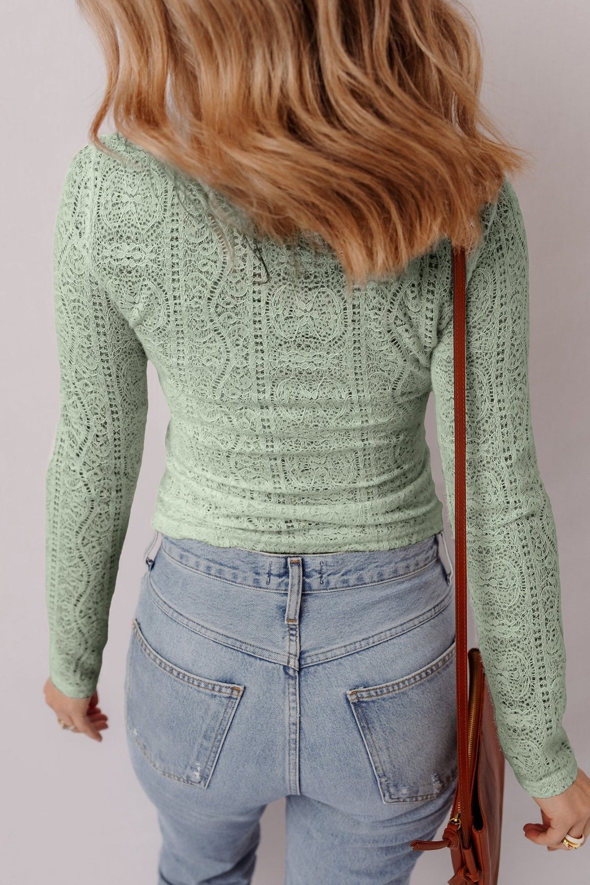 Women's Smoke Green Semi-Sheer Lace Long Sleeve Cropped Top