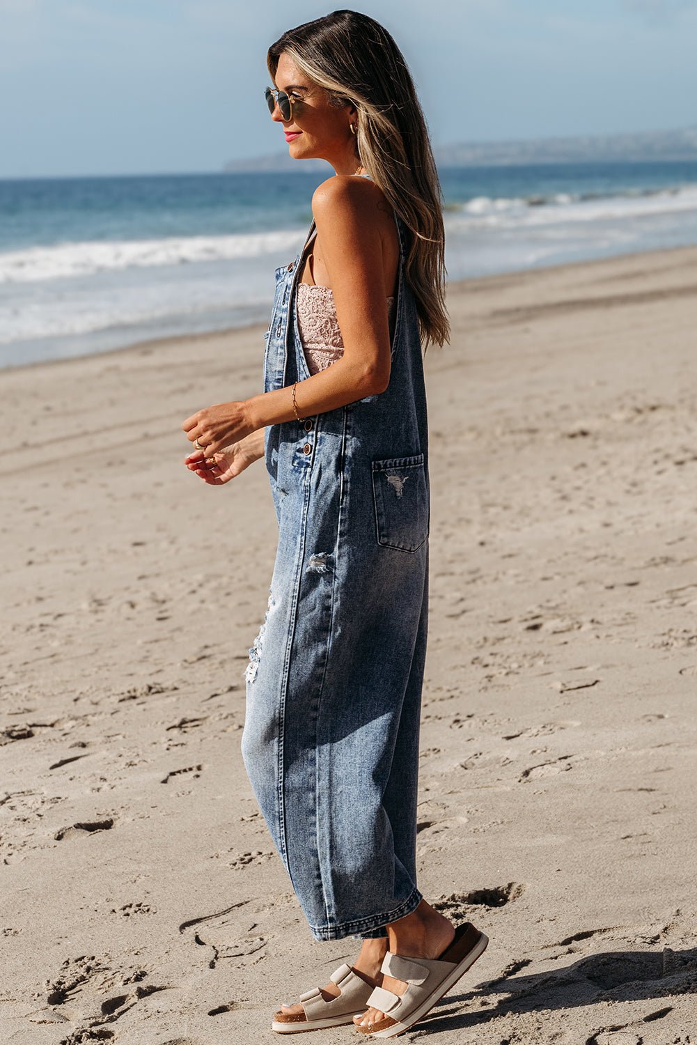 Women's Stone Blue Distressed Wide Leg Denim Overalls