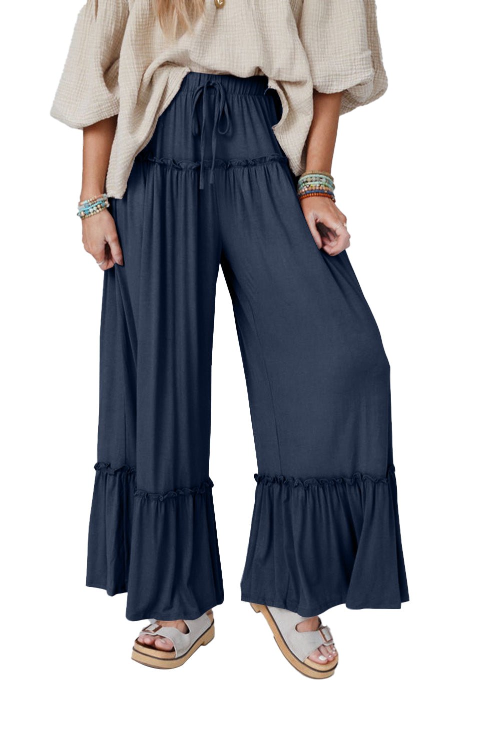 Women's Stylish Women's Navy Blue Wide Leg Pants with Frills and Drawstring High Waist - Comfortable Summer Fashion Essential
