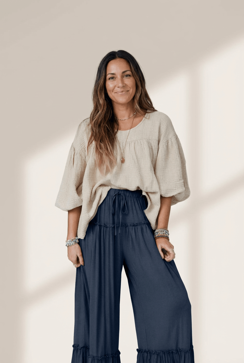 Women's Stylish Women's Navy Blue Wide Leg Pants with Frills and Drawstring High Waist - Comfortable Summer Fashion Essential