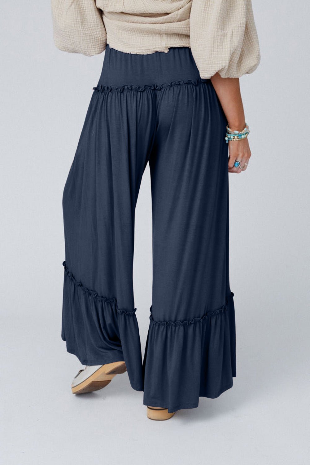 Women's Stylish Women's Navy Blue Wide Leg Pants with Frills and Drawstring High Waist - Comfortable Summer Fashion Essential