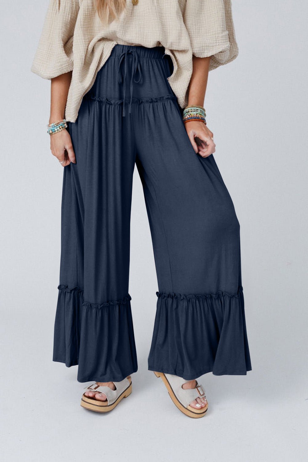 Women's Stylish Women's Navy Blue Wide Leg Pants with Frills and Drawstring High Waist - Comfortable Summer Fashion Essential