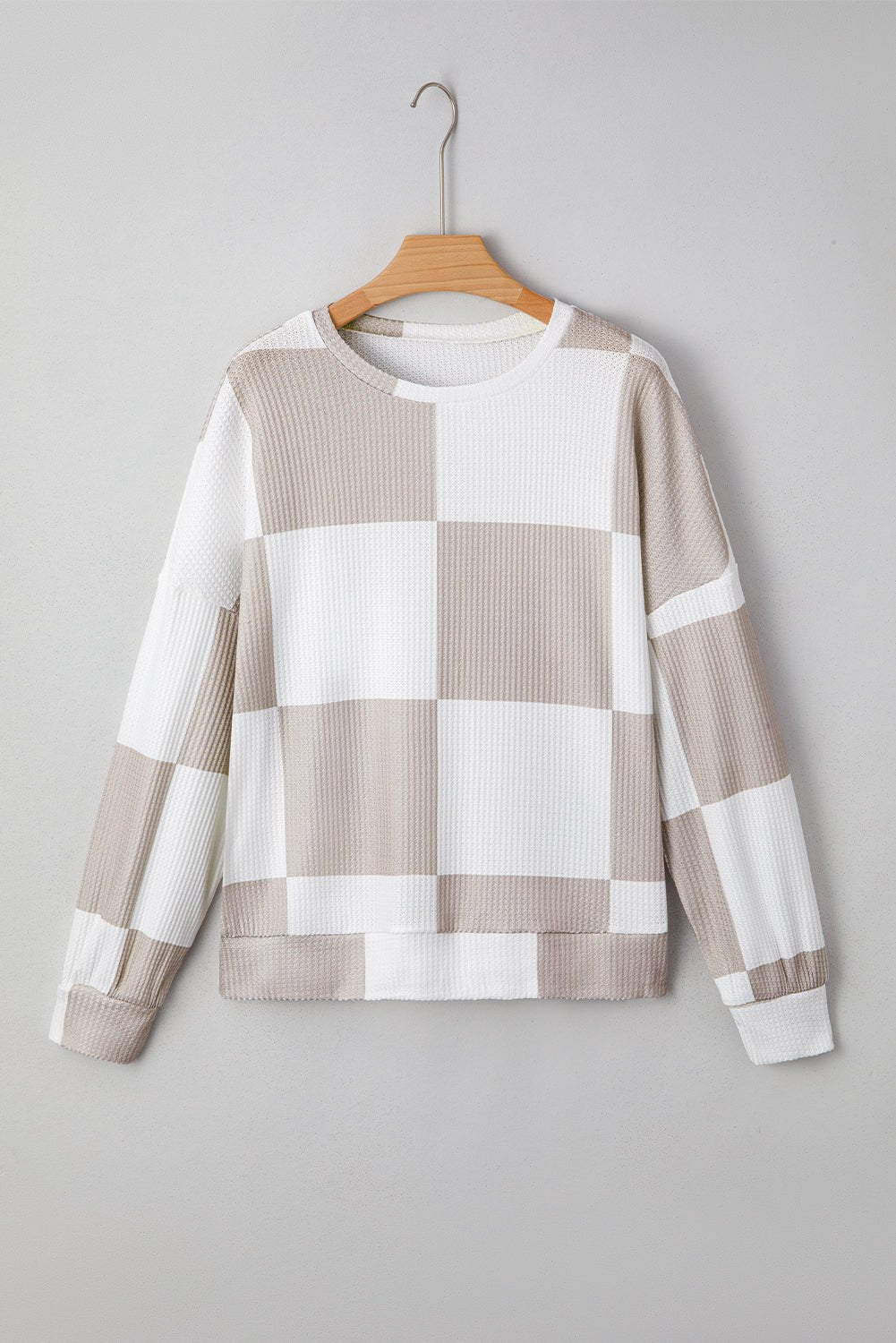 Women's Taupe Checkered Waffle Knit Long Sleeve Blouse