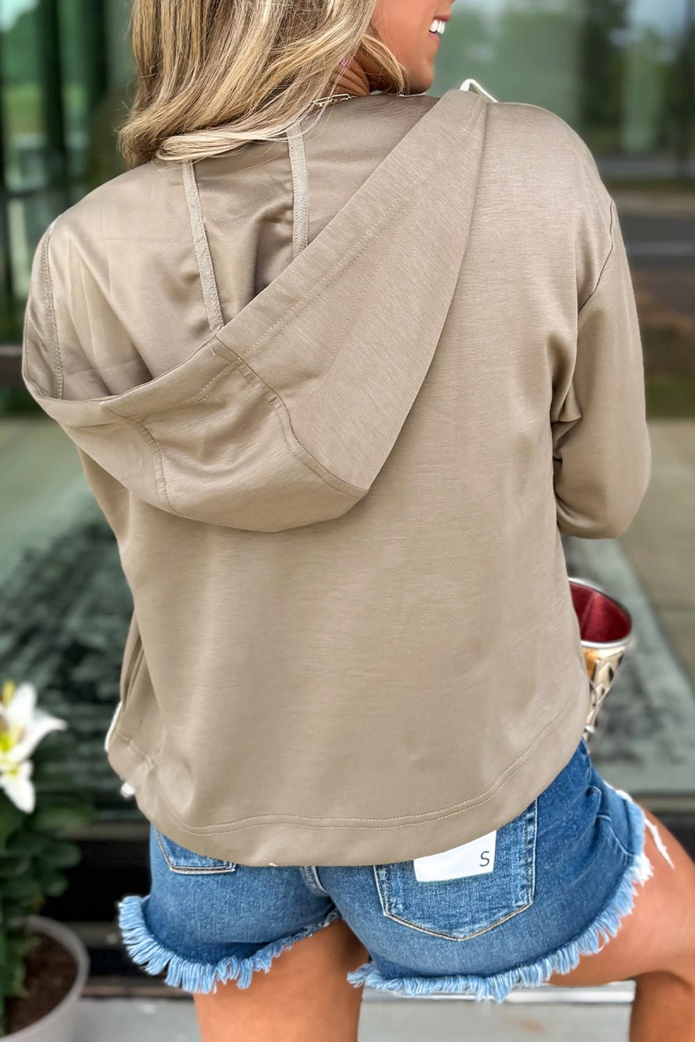 Women's Taupe Embroidered Fleece Zip-Up Hoodie Jacket