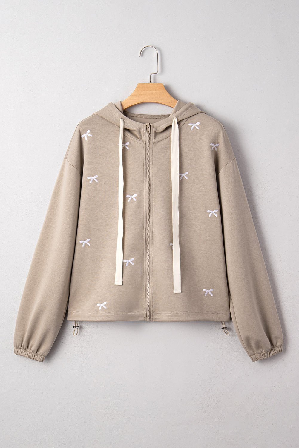 Women's Taupe Embroidered Fleece Zip-Up Hoodie Jacket
