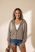 Women's Taupe Embroidered Fleece Zip-Up Hoodie Jacket