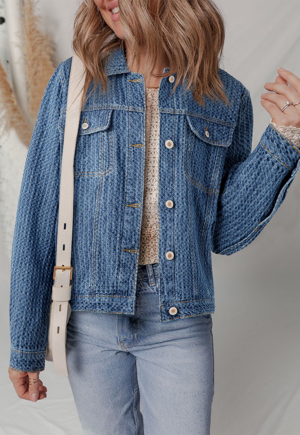 Women's Textured Basketweave Denim Jacket with Flap Pockets