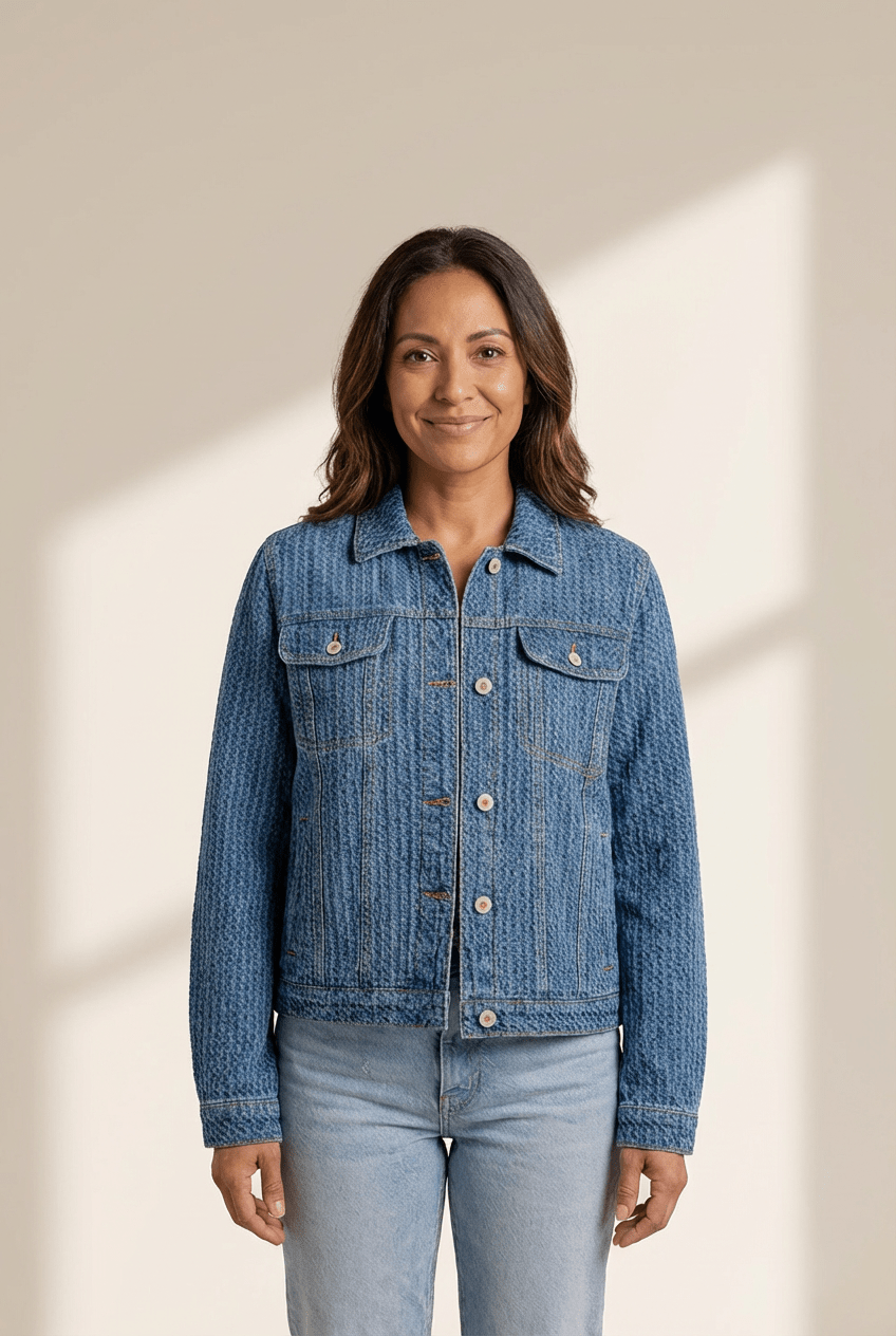 Women's Textured Basketweave Denim Jacket with Flap Pockets